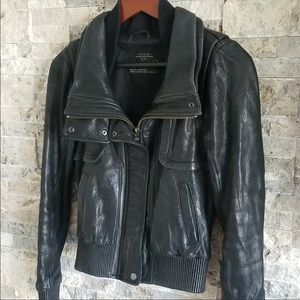 Allsaints Black Leather Biker Jacket High Neck